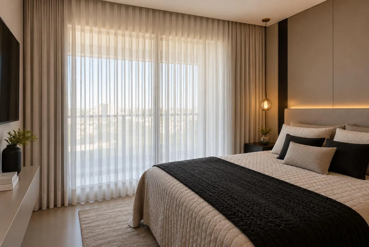 Quarto contemporâneo em Cachoeirinha com cortina wave e forro blackout sob medida