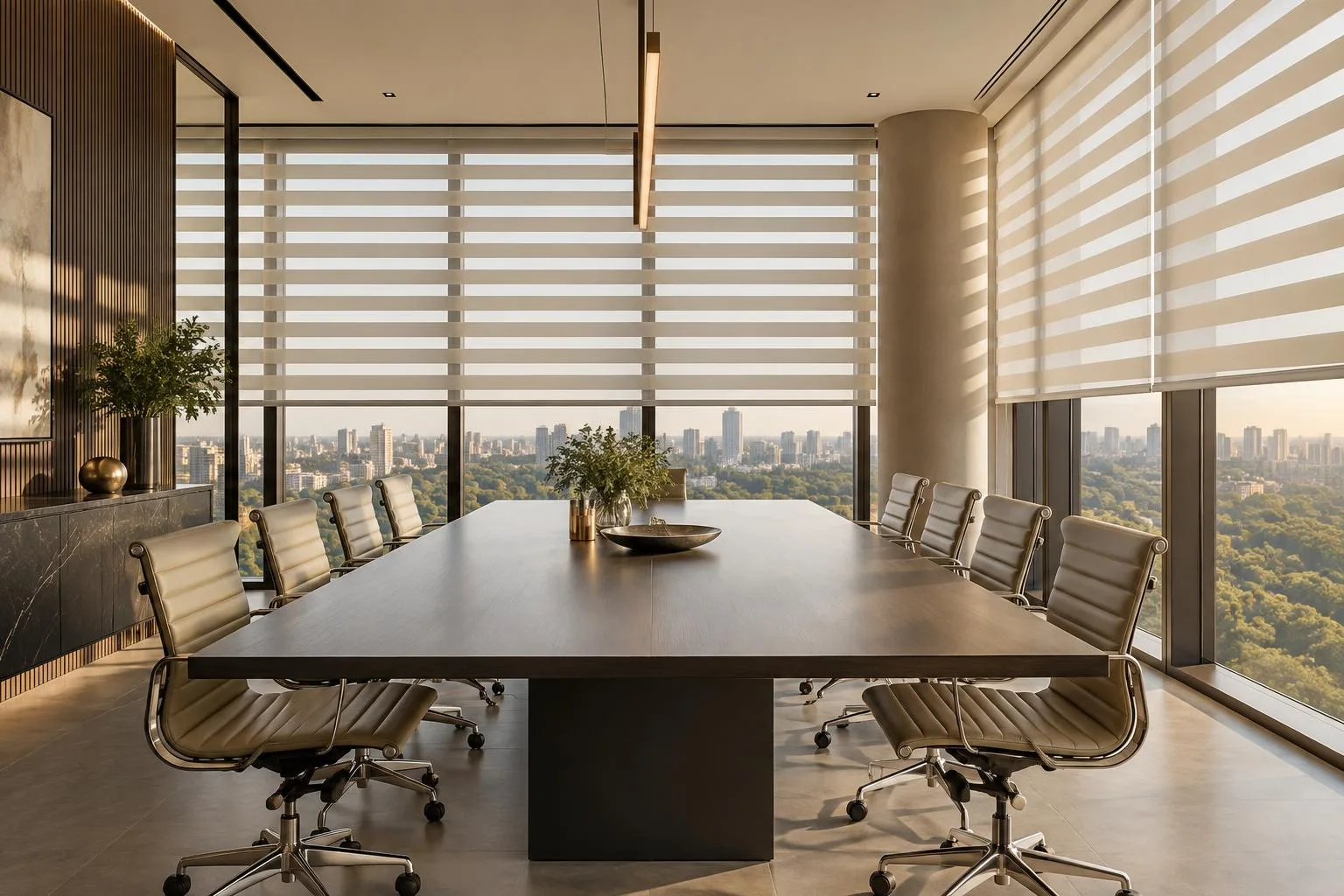 Sala de reunião corporativa contemporânea com persianas double vision controlando a luz natural