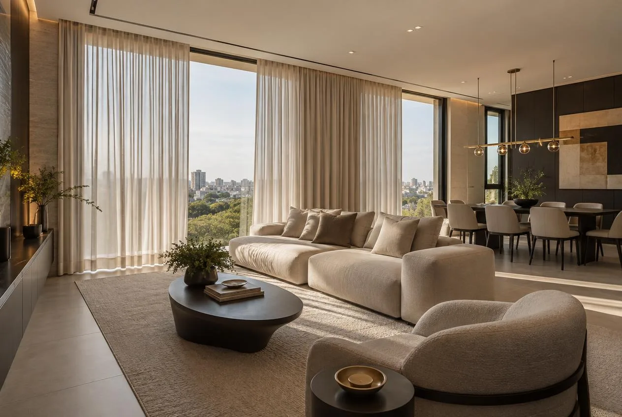 Sala de apartamento novo em Cachoeirinha com cortinas motorizadas em trilho embutido