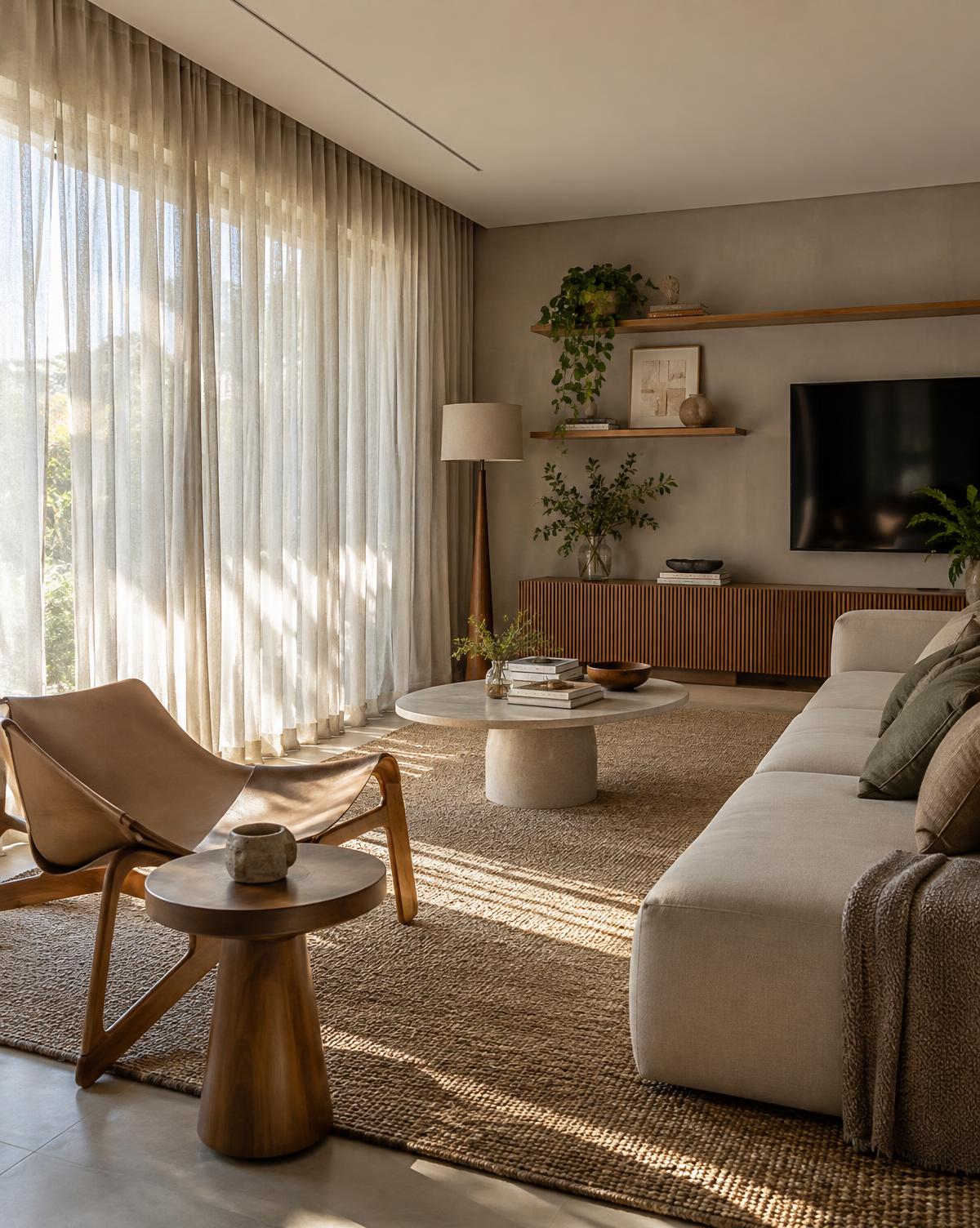 Cortina leve sob medida de piso ao teto em sala de estar contemporânea