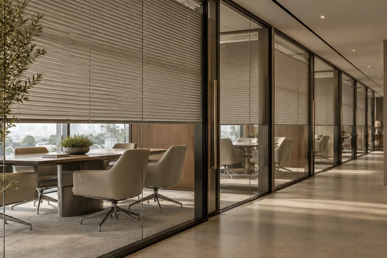 Corredor corporativo com persianas horizontais padronizadas em todas as salas