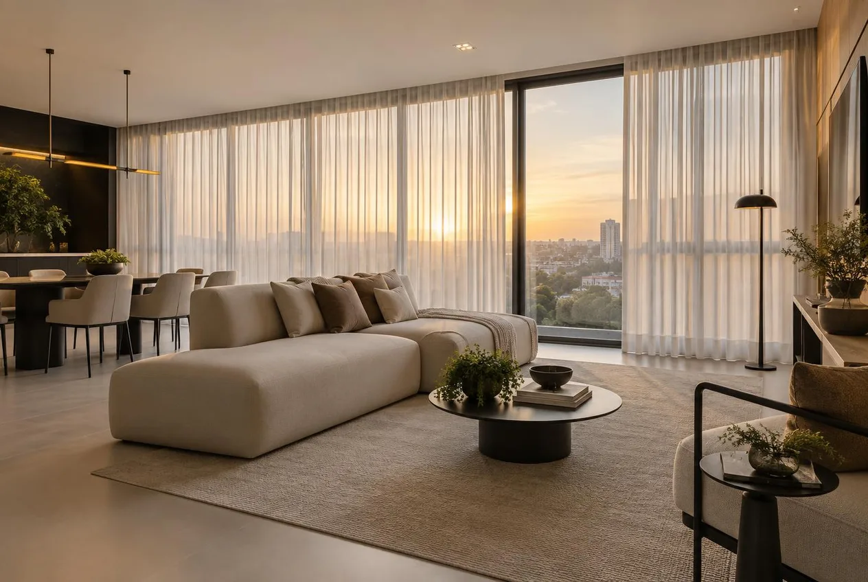 Apartamento contemporâneo recém-construído em Cachoeirinha com cortinas sob medida filtrando a luz natural