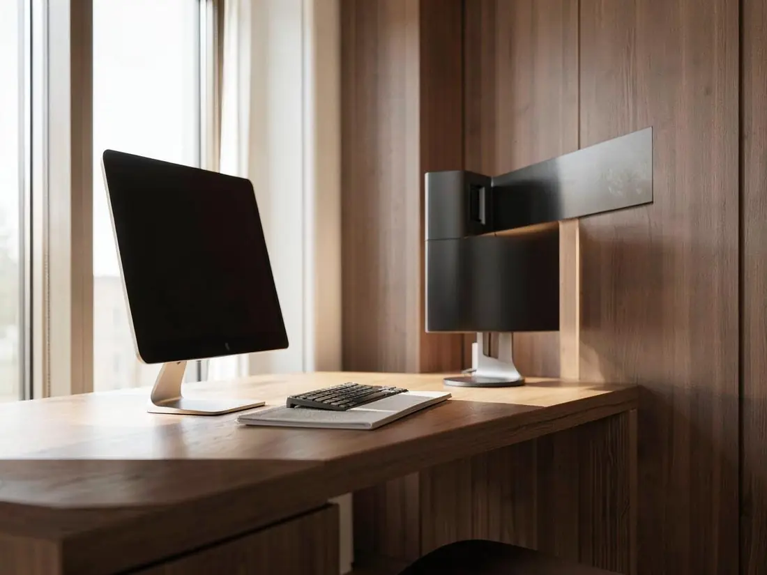 Mesa de trabalho com computador de perfil e persiana horizontal ao lado ajustada em ângulo, com luz controlada entrando sem reflexo direto