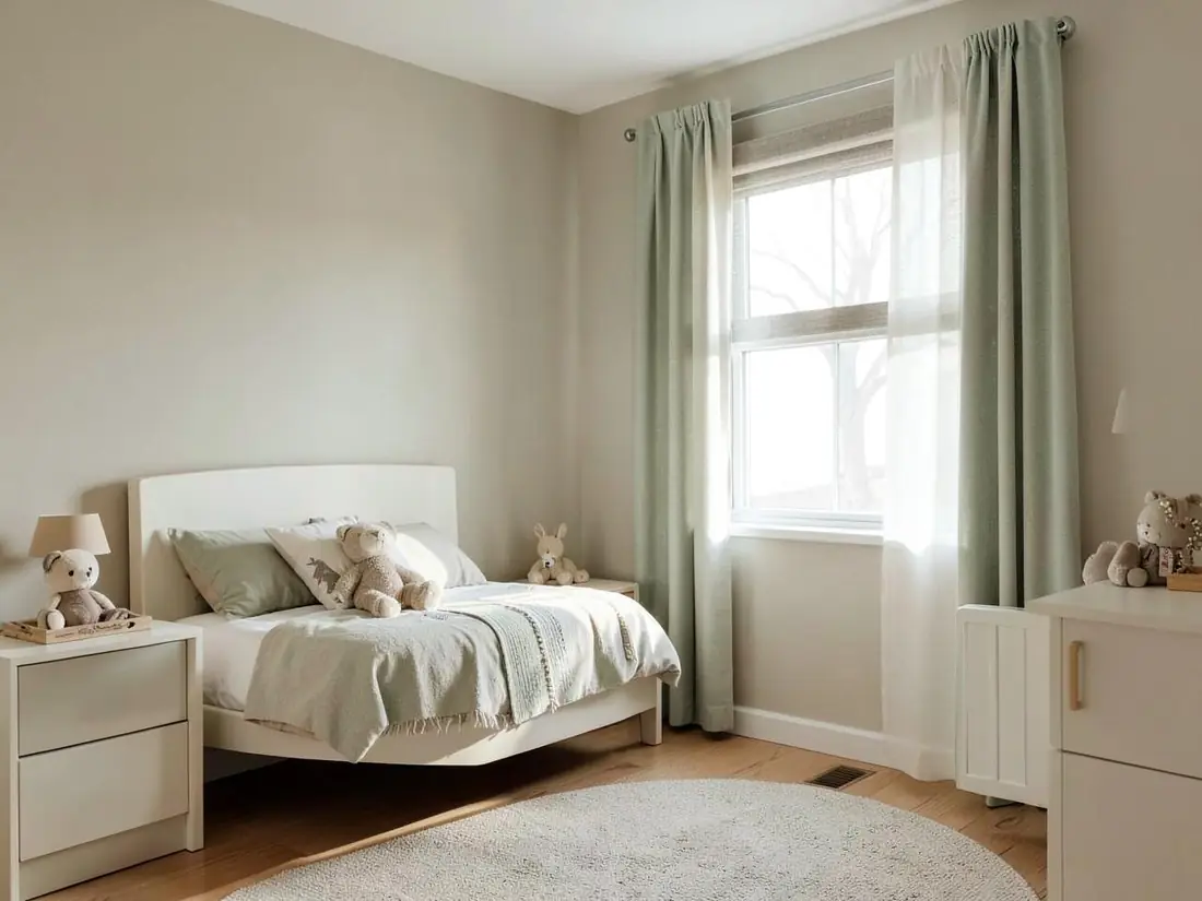 Quarto infantil em tons neutros e suaves com cortina de mecanismo discreto, sem cordão solto visível, ambiente organizado