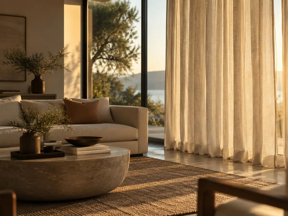 Cortina de linho em ambiente premium bem conservado, com luz de fim de tarde entrando pela esquadria