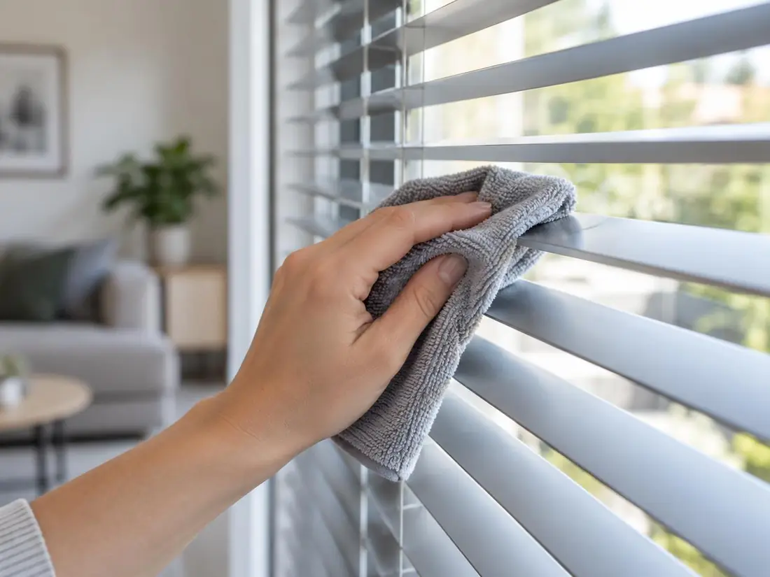 Mão passando pano de microfibra nas lâminas de uma persiana horizontal de alumínio, com luz lateral suave em ambiente doméstico organizado