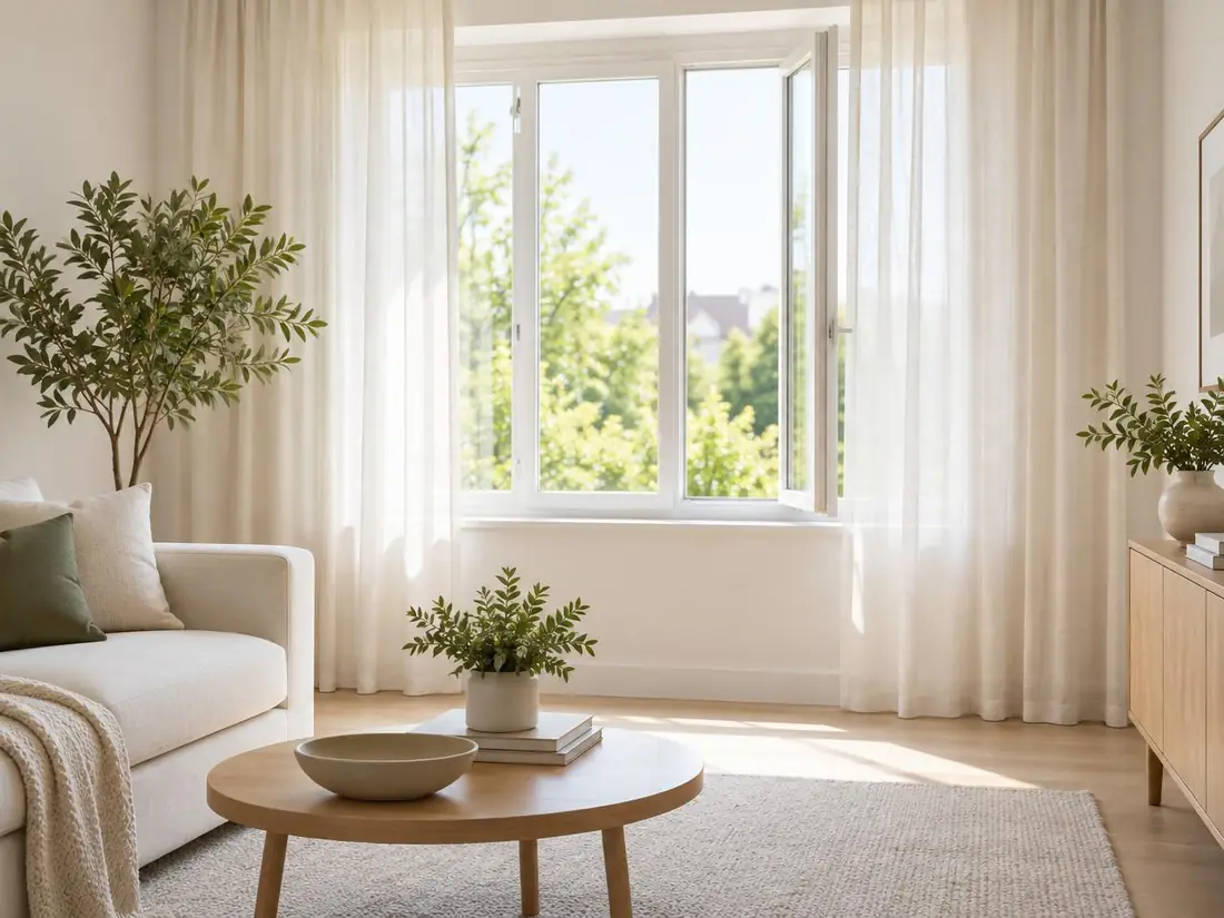 Janela aberta com cortina de tecido claro em ambiente contemporâneo bem cuidado, com luz natural e ventilação