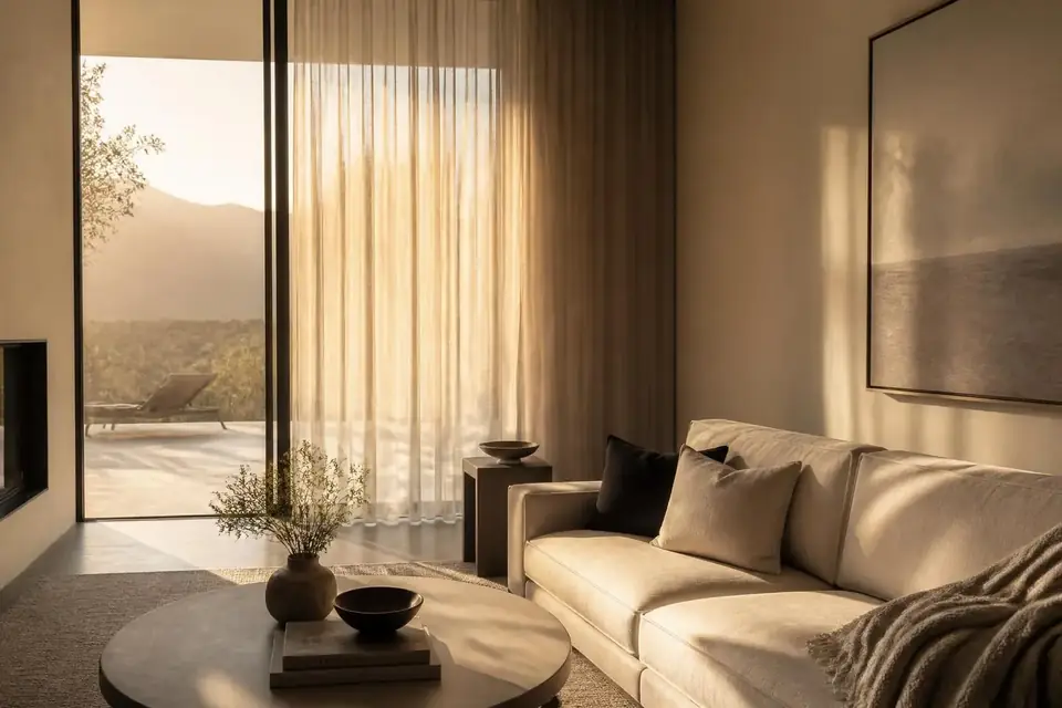 Sala contemporânea com cortinas sob medida de piso ao teto em Porto Alegre filtrando a luz da tarde
